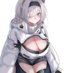 Rule 34 | 1girl, absurdres, animal ears, arknights, aurora (arknights), bear ears, bear girl, black hairband, blue eyes, blush, breasts, cleavage, closed mouth, commentary request, cropped hoodie, eyes visible through hair, grey shorts, hair over one eye, hairband, highres, hood, hood down, hoodie, large breasts, long hair, long sleeves, looking at viewer, puffy long sleeves, puffy sleeves, short shorts, shorts, simple background, sitting, solo, sonna watashi, thighs, white background, white hair, white hoodie