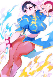 Rule 34 | 1girl, absurdres, black hair, bracelet, breasts, brown pantyhose, bun cover, capcom, chun-li, closed mouth, double bun, eyeliner, fighting stance, hair between eyes, hair bun, highres, jewelry, large breasts, liba (leo8d), looking to the side, makeup, pantyhose, red eyes, short sleeves, simple background, solo, spiked bracelet, spikes, street fighter, thick thighs, thighs, v-shaped eyebrows, white background