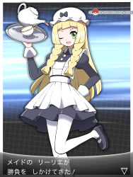 Rule 34 | 1girl, ;d, absurdres, alternate costume, arrow (symbol), black footwear, blonde hair, border, braid, commentary request, cosplay, creatures (company), cup, dress, enmaided, eyelashes, game freak, green eyes, hat, highres, leg up, lillie (pokemon), long hair, long sleeves, maid, maid (pokemon), maid (pokemon) (cosplay), nintendo, one eye closed, open mouth, pantyhose, poke ball symbol, pokemon, pokemon sm, pokemon xy, saucer, shabana may, shoes, smile, solo, teacup, teapot, translated, twin braids, white border, white hat, white pantyhose