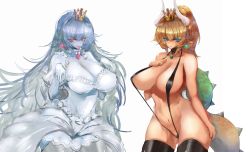Rule 34 | 2girls, absurdres, blonde hair, blue eyes, bowsette, breasts, cleavage, colored skin, dress, earrings, gond, highres, horns, jewelry, large breasts, long hair, mario (series), monster girl, multiple girls, new super mario bros. u deluxe, nintendo, pointy ears, ponytail, princess king boo, red eyes, simple background, slingshot swimsuit, super crown, swimsuit, tail, tongue, tongue out, white background, white dress, white hair, white skin