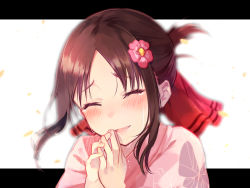 Rule 34 | 1girl, animal print, blush, brat (brabrabrat00), brown hair, butterfly print, closed eyes, commentary request, crying, facing viewer, flower, folded ponytail, hair flower, hair ornament, hair ribbon, happy tears, japanese clothes, kaguya-sama wa kokurasetai ~tensai-tachi no renai zunousen~, kimono, letterboxed, own hands together, parted bangs, parted lips, print kimono, red ribbon, revision, ribbon, shinomiya kaguya, short hair, sidelocks, smile, solo, tears, two-tone background, upper body, white background