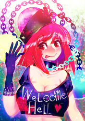 Rule 34 | 1girl, bare shoulders, black gloves, black shirt, breasts, chain, cleavage, closed mouth, clothes writing, crop top, crop top overhang, eyes visible through hair, gloves, hakkasame, heart, hecatia lapislazuli, large breasts, looking at viewer, midriff, off-shoulder shirt, off shoulder, red eyes, red hair, shirt, short hair, short sleeves, smile, solo, tongue, tongue out, touhou