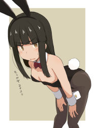 Rule 34 | 1girl, animal ears, black leotard, black pantyhose, border, bow, bowtie, brown background, commentary request, detached collar, fake animal ears, feet out of frame, hands on own knees, hatsuyuki (kancolle), kantai collection, kugui kiyunemu, leaning forward, leotard, looking at viewer, pantyhose, playboy bunny, rabbit ears, rabbit tail, red bow, red bowtie, solo, strapless, strapless leotard, tail, translation request, two-tone background, white border, wrist cuffs