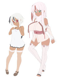 Rule 34 | 2girls, absol, alternate color, bare shoulders, black hair, blush, breasts, creatures (company), dark-skinned female, dark skin, full body, game freak, gen 3 pokemon, green eyes, hair ornament, hairclip, highres, large breasts, long hair, multicolored hair, multiple girls, natsuki straight, nintendo, no panties, personification, pokemon, red eyes, shiny and normal, shiny pokemon, short hair, side ponytail, simple background, small breasts, standing, tail, thighhighs, toeless legwear, toes, white background, white hair, white legwear