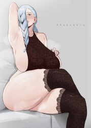 Rule 34 | 1girl, absurdres, animal print, arm behind head, armpits, assertive female, bare shoulders, blush, breasts, collarbone, couch, crossed legs, curvy, erogearts, feet out of frame, female pervert, grey background, grey hair, hair over one eye, hand on own chest, highres, huge breasts, jujutsu kaisen, leopard print, leotard, long hair, looking at viewer, mature female, mei mei (jujutsu kaisen), pervert, plump, sideboob, simple background, sitting, solo, steam, steaming body, sweat, thick thighs, thighhighs, thighs