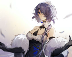 Rule 34 | 1girl, arknights, bare shoulders, black gloves, blue eyes, breasts, chinese commentary, commentary request, corrupted metadata, elbow gloves, feather boa, gloves, highres, long hair, medium breasts, official alternate costume, purple hair, qinglai haiji, solo, upper body, whisperain (arknights), whisperain (tremble cold) (arknights)