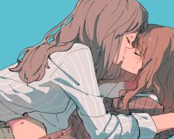 Rule 34 | 2girls, brown hair, closed eyes, commentary request, duplicate, female focus, green background, hug, kiss, long hair, long sleeves, multiple girls, navel, open clothes, open shirt, original, simple background, sou (tuhut), sweatdrop, unbuttoned, yuri
