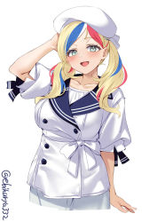 Rule 34 | 1girl, alternate costume, alternate hairstyle, aqua eyes, arm behind head, beret, blonde hair, blouse, blue hair, breasts, collarbone, commandant teste (kancolle), cowboy shot, ebifurya, grey skirt, hat, highres, kantai collection, long hair, medium breasts, multicolored hair, one-hour drawing challenge, open mouth, puffy sleeves, red hair, shirt, short sleeves, simple background, skirt, smile, solo, streaked hair, twintails, twitter username, wavy hair, white background, white hair, white shirt