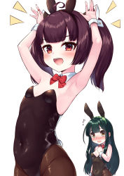 Rule 34 | ahoge, animal ears, arms up, black hair, black legwear, black leotard, blunt bangs, bow, bowtie, breasts, commentary request, covered navel, cowboy shot, detached collar, fake animal ears, fishnet legwear, fishnets, green hair, highres, leotard, long hair, looking at viewer, nail polish, pantyhose, playboy bunny, rabbit ears, rabbit pose, rabbit tail, red eyes, red neckwear, simple background, small breasts, strapless, strapless leotard, tail, tenneko yuuri, touhoku kiritan, touhoku zunko, twintails, voiceroid, white background, wrist cuffs, yellow eyes