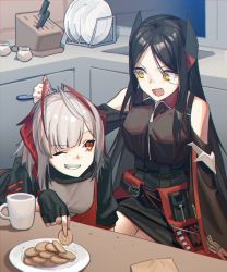 Rule 34 | 2girls, arknights, bare shoulders, belt, bent over, black gloves, black jacket, black skirt, chinese commentary, clenched hand, commentary request, cookie, crumbs, drawer, fingerless gloves, food, gloves, grey shirt, grin, holding, holding food, horns, indoors, ines (arknights), jacket, kitchen, knife, looking at another, multiple girls, one eye closed, open mouth, orange eyes, plate, pouch, red eyes, red jacket, shirt, short hair, short sleeves, sink, sitting, skirt, sleeveless, smile, table, teeth, w (arknights), window, yellow eyes, zhili xingzou