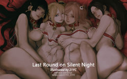 Rule 34 | 21yc (september breeze), 4girls, areola slip, ass, bell, between labia, black hair, blonde hair, blunt bangs, breasts, chain, cheek-to-cheek, collar, covered erect nipples, dead or alive, dead or alive 5, english text, fatal fury, heads together, honoka (doa), large breasts, leash, long hair, looking at viewer, marie rose, multiple girls, navel, neck bell, nipple stimulation, nipple tweak, nude, nyotengu, parted bangs, pink hair, ponytail, ribbon, shiranui mai, smile, stomach, the king of fighters, thighs, very long hair, watermark, web address