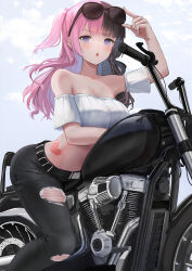 Rule 34 | 1girl, :o, arched back, bandeau, bare shoulders, belt, black belt, black hair, black pants, blue eyes, blunt bangs, breasts, crop top, detached sleeves, eyewear on head, heart, highres, large breasts, long hair, looking at viewer, midriff, motor vehicle, motorcycle, multicolored hair, pants, pink hair, ribbed bandeau, simple background, solo, split-color hair, sthk, straddling, strapless, sunglasses, tachibana hinano (vtuber), torn clothes, tube top, two-tone hair, two side up, virtual youtuber, vspo!, white background, white bandeau