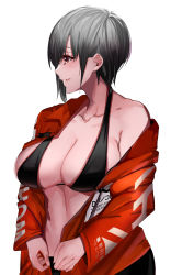 Rule 34 | 1girl, absurdres, bikini, bikini top only, black bikini, breasts, brown eyes, cleavage, coat, copyright request, grey hair, highres, large breasts, liberty manurung, long sleeves, print coat, profile, red coat, short hair, simple background, smile, solo, swimsuit, upper body, white background