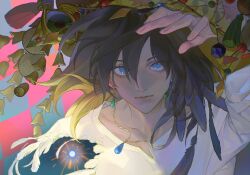 1boy black_hair blue_eyes closed_mouth commentary earrings feathers garutanachi hair_between_eyes highres howl_(howl_no_ugoku_shiro) howl_no_ugoku_shiro jewelry long_sleeves looking_at_viewer male_focus medium_hair necklace shirt solo white_shirt