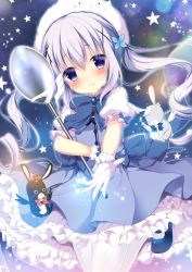 Rule 34 | 1girl, :&lt;, alternate costume, alternate hairstyle, angora rabbit, animal, animal on head, bare shoulders, black wings, blue dress, blue footwear, blue neckwear, blush, bow, bowtie, brooch, closed mouth, crown, dress, floating hair, gloves, gochuumon wa usagi desu ka?, hair between eyes, hair ornament, head tilt, holding, holding spoon, jewelry, kafuu chino, leg up, long hair, looking at viewer, mary janes, mini crown, on head, outstretched arm, outstretched hand, oversized object, pantyhose, petticoat, pink neckwear, puffy short sleeves, puffy sleeves, purple eyes, purple hair, rabbit, reaching, reaching towards viewer, shibainu niki, shoes, short dress, short sleeves, smile, sparkle, spoon, star (symbol), striped bow, striped bowtie, striped clothes, striped neckwear, twintails, very long hair, white gloves, white pantyhose, white wings, wings, x hair ornament