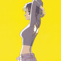 Rule 34 | 1girl, arms up, blue eyes, brown hair, clothes writing, denim, hat, highres, jeans, kanzaki hitomi, long sleeves, midriff, official art, open fly, pants, short hair, simple background, solo, tenkuu no escaflowne, wing print, yellow background, yuuki nobuteru