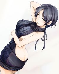 Rule 34 | 10s, 1girl, ass, backless dress, backless outfit, bare back, black hair, blush, breasts, butt crack, cowboy shot, dress, earrings, hagane soushi, halterneck, hayami kanade, highres, huge breasts, idolmaster, idolmaster cinderella girls, jewelry, looking at viewer, meme attire, naked sweater, parted bangs, short hair, sideboob, smile, solo, sweater, sweater dress, turtleneck, virgin killer sweater, yellow eyes