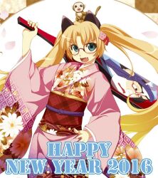 Rule 34 | 1girl, 2016, animal ears, atelier-moo, blonde hair, cat ears, curtained hair, floral print kimono, furisode, glasses, green eyes, hagoita, happy new year, holding, japanese clothes, kimono, long hair, looking at viewer, machida madoka, machidake, narrow waist, new year, obi, open mouth, paddle, pink kimono, red-framed eyewear, sash, skinny, smile, solo, standing, twintails, very long hair