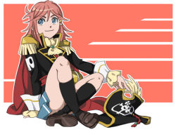 Rule 34 | 1girl, artist request, belt, blue eyes, cape, ascot, epaulettes, hair ornament, hairclip, hat, hat feather, katou marika, loafers, long hair, miniskirt pirates, pink hair, pirate, pirate hat, school uniform, shoes, sitting, skirt, skull and crossbones, smile, solo