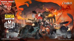 Rule 34 | 1boy, alchemy stars, bandaged leg, bandages, barrel, cannon, car, character name, copyright name, copyright notice, english text, facial hair, fire, flamethrower, harpoon, harpoon cannon, headband, highres, leaning on object, long jacket, male focus, monster, motor vehicle, multicolored hair, multiple views, official art, oversized object, red hair, rust, ryota-h, sinsa (alchemy stars), smile, two-tone hair, weapon, white hair, white headband, wrench, yellow eyes, zoom layer