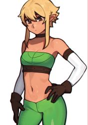 Rule 34 | 1girl, bandeau, blonde hair, breasts, brown eyes, brown gloves, choker, cowboy shot, elf, gloves, green bandeau, green pants, hand on own hip, looking at viewer, navel, nil sunna, original, pants, pointy ears, short hair with long locks, simple background, small breasts, solo, strapless, sunna (nilsunna), tube top, white background