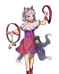 Rule 34 | 1girl, acor, animal ears, blush, collarbone, dog ears, dog tail, fang, bear trap, highres, mitsugashira enoko, multiple tails, open mouth, purple hair, purple shirt, red eyes, red skirt, severed hand, shirt, short hair, simple background, skirt, smile, solo, tail, touhou, unfinished dream of all living ghost, white background, white hair
