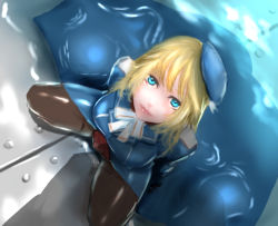 Rule 34 | 10s, 1girl, ascot, atago (kancolle), beret, blonde hair, blue coat, blue eyes, blurry, breasts, clothes spread out, coat, commentary, depth of field, from above, hat, in water, kantai collection, kneeling, large breasts, lips, long hair, looking at viewer, metal plate, pantyhose, solo, thighband pantyhose, yamashita tomu