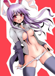 Rule 34 | 1girl, absurdres, animal ears, blush, breasts, rabbit ears, female focus, groin, highres, hirayama-h, open clothes, open shirt, panties, panty pull, reisen udongein inaba, shirt, solo, thighhighs, touhou, underboob, underwear