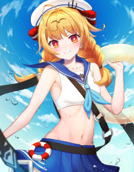 Rule 34 | 1girl, absurdres, ahoge, blonde hair, blue neckwear, blue sailor collar, blue skirt, blue sky, bow, braid, breasts, cloud, collarbone, cowboy shot, crop top, forever 7th capital, groin, hair bow, hair intakes, hat, highres, innertube, long hair, looking at viewer, midriff, miniskirt, navel, pleated skirt, red bow, red eyes, sailor bikini, sailor collar, skirt, sky, sleeveless, small breasts, solo, ssalgolae, standing, stomach, swim ring, twin braids, white hat