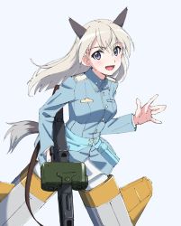 Rule 34 | 1girl, animal ears, blue background, blue eyes, blush, breasts, eila ilmatar juutilainen, fox ears, fox tail, gun, gun sling, highres, long hair, looking at viewer, medium breasts, military, military uniform, no pants, open mouth, pantyhose, rifle, silver hair, simple background, solo, strike witches, striker unit, tail, tomitsuka, uniform, weapon, world witches series