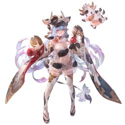Rule 34 | 1girl, animal costume, animal ears, animal print, blue hair, bow, catura (granblue fantasy), cow, cow costume, cow ears, cow girl, cow hat, cow hood, cow horns, cow print, cow tail, draph, ear piercing, full body, gradient hair, granblue fantasy, horns, micro shorts, minaba hideo, multicolored hair, official art, piercing, purple eyes, purple hair, see-through, shorts, simple background, tail, thighhighs, transparent background, white shorts
