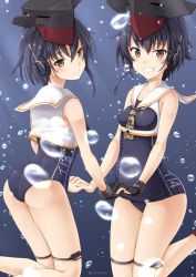 Rule 34 | 2girls, air bubble, ass, bad id, bad pixiv id, bare arms, bare legs, bare shoulders, black gloves, black hair, blush, breasts, brown eyes, brown neckwear, bubble, character name, clothes writing, crop top, feet out of frame, framed breasts, gloves, grin, headset, highres, holding hands, i-13 (kancolle), i-14 (kancolle), kantai collection, kneepits, looking at viewer, looking back, multiple girls, neck ribbon, one-piece swimsuit, partially fingerless gloves, ribbon, sailor collar, short hair, single glove, single sidelock, sleeveless, small breasts, smile, submerged, swimsuit, teeth, thigh strap, twitter username, underwater, white sailor collar, yuuki kazuhito