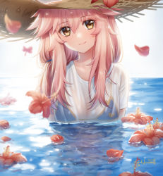 Rule 34 | 1girl, bad id, bad pixiv id, bikini, bikini under clothes, blue bikini, blue sky, blush, brown eyes, closed mouth, commentary request, day, fate/grand order, fate (series), flower, hair between eyes, haneru, hat, head tilt, horizon, long hair, ocean, outdoors, partially submerged, petals, petals on liquid, pink hair, red flower, see-through, shirt, short sleeves, signature, sky, smile, solo, straw hat, swimsuit, tamamo (fate), tamamo no mae (fate/extra), tamamo no mae (swimsuit lancer) (fate), tamamo no mae (swimsuit lancer) (second ascension) (fate), water, white shirt