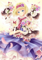 Rule 34 | 1girl, :d, alice margatroid, blonde hair, blue eyes, bow, carrying, doll, fairy wings, flower, hair bow, hair ribbon, hairband, lolita hairband, long hair, open mouth, petals, ribbon, shanghai doll, short hair, size difference, smile, touhou, villyane, wings