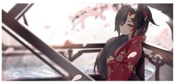 Rule 34 | 1girl, alternate costume, alternate hairstyle, animal ear fluff, animal ears, black hair, blurry, blurry background, branch, breasts, cherry blossoms, commentary, depth of field, floral print, hair between eyes, hair ornament, hair ribbon, hololive, japanese clothes, kimono, light smile, long hair, looking at viewer, majo (pastamajo), medium breasts, multicolored hair, ookami mio, ookami mio (new year), parted bangs, petals, ponytail, red hair, red kimono, ribbon, smile, solo, streaked hair, two-tone hair, upper body, virtual youtuber, water, wide sleeves, wolf ears, yellow eyes