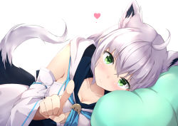 Rule 34 | 1girl, ahoge, animal ear fluff, animal ears, blue neckerchief, blush, braid, breasts, cleavage, commentary request, detached sleeves, fox ears, fox girl, fox tail, green eyes, hair between eyes, heart, highres, hololive, hood, hoodie, long hair, looking at viewer, lying, medium breasts, neckerchief, on side, pillow, pointing, pointing at viewer, shirakami fubuki, shirakami fubuki (1st costume), sidelocks, simple background, single braid, smile, solo, sorbitol, tail, virtual youtuber, white background, white hair, white hoodie