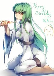 Rule 34 | 1girl, ass, barefoot, bodysuit, breasts, c.c., cheese-kun, code geass, eating, food, genyaky, green hair, happy birthday, long hair, long sleeves, looking at viewer, pizza, sitting, smile, solo, wariza, wide sleeves, yellow eyes