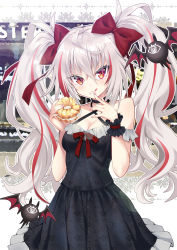 Rule 34 | 1girl, animal, bare shoulders, bat (animal), black dress, blush, bow, breasts, cleavage, dress, eating, english text, fingernails, flying, food, food on face, frilled cuffs, frills, grey hair, hair between eyes, holding, holding food, kubota masaki, long hair, looking at viewer, monster, multicolored hair, nail polish, original, patterned, patterned background, patterned clothing, pink nails, red bow, red eyes, red hair, red ribbon, ribbon, smile, solo, streaked hair, tongue, tongue out, twintails, vampire, very long hair