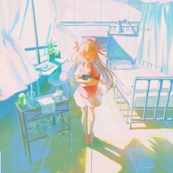 Rule 34 | 1girl, apron, armband, bed, bloom, blush, clipboard, closed eyes, collared dress, day, dress, facing viewer, fang, hair ornament, hat, highres, holding, holding clipboard, hospital, hospital bed, indoors, jdge, long hair, natori sana, nurse, nurse cap, hugging object, open mouth, paper texture, pink apron, plant, potted plant, puffy short sleeves, puffy sleeves, rabbit hair ornament, sana channel, shadow, short dress, short sleeves, sidelighting, skin fang, slippers, smile, solo, sunlight, thighhighs, tile floor, tiles, two side up, virtual youtuber, white dress, white thighhighs, window