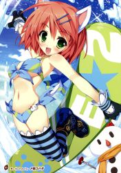 Rule 34 | 1girl, :d, absurdres, animal ears, bikini, black gloves, black thighhighs, blue bikini, blue thighhighs, boots, breasts, cat ears, cat girl, cat tail, front-tie top, gloves, green eyes, hair ornament, hairclip, highres, open mouth, original, red hair, shimesaba kohada, short hair, side-tie bikini bottom, smile, snowboard, snowman, solo, swimsuit, tail, thighhighs