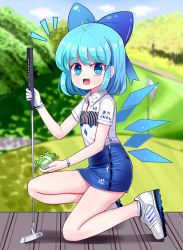 Rule 34 | 1girl, :d, ahoge, blue dress, blue eyes, blue hair, blue nails, blue sky, blurry, blurry background, blush, bracelet, bush, cirno, collared dress, commentary request, dress, eyelashes, frog, gloves, golf, golf club, golf course, holding, holding golf club, ice, ice wings, jewelry, looking at viewer, mercedes-benz, nail polish, open mouth, path, road, shoes, short hair, short sleeves, sky, smile, sneakers, solo, sseopik, thighs, touhou, white footwear, white gloves, wing collar, wings