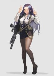 Rule 34 | 1girl, absurdres, ammunition pouch, assault rifle, black necktie, black pantyhose, black skirt, breasts, cz 805 bren, double v, grey background, gun, highres, long hair, long sleeves, looking at viewer, medium breasts, necktie, optical sight, orange eyes, original, pantyhose, pencil skirt, pouch, rbtmd22, rifle, shirt, simple background, skirt, smile, solo, v, weapon, weapon request, white background, white shirt