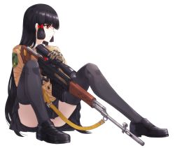 Rule 34 | 1girl, black hair, black thighhighs, convenient leg, dragunov svd, finger on trigger, full body, gloves, gun, gun sling, hair ribbon, hime cut, holding, holding gun, holding weapon, kfr, legs, long hair, military, muzzle device, original, pale skin, patch, profile, red eyes, ribbon, rifle, school uniform, scope, shoes, shoulder patch, simple background, sitting, skirt, sniper rifle, solo, strap, thighhighs, thumbhole stock, tress ribbon, very long hair, weapon, white background