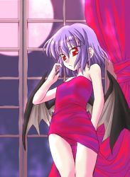 Rule 34 | 1girl, curtains, female focus, indoors, minazuki noumu, moon, noomu, red eyes, remilia scarlet, sky, solo, standing, touhou, wings, wrapped up
