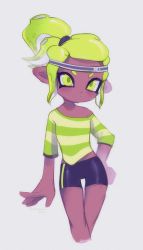 Rule 34 | 1girl, artist name, bike shorts, blonde hair, blush, clenched hand, closed mouth, cropped legs, dark-skinned female, dark skin, dated, female focus, flat chest, green eyes, green hair, green shirt, grey background, grey headband, hair tie, hand on own hip, headband, highres, light blush, long sleeves, matching hair/eyes, midriff peek, nintendo, octoling, octoling girl, octoling player character, off shoulder, pointy ears, ponytail, shiny clothes, shirt, short hair, sidelocks, signature, simple background, solo, spacecolonie, splatoon (series), standing, striped clothes, striped shirt, tentacle hair, tentacles, thigh gap, twitter username, yellow eyes