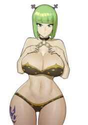 Rule 34 | 1girl, absurdres, bare arms, bare shoulders, bikini, blunt bangs, bob cut, brandish mew, breasts, brown hair, chain, cleavage, collar, collarbone, commentary, crop top, cropped legs, cross, cross earrings, cross hair ornament, doublehero, earrings, fairy tail, green eyes, green hair, hair ornament, half-closed eyes, hands on own chest, highres, jewelry, large breasts, legs, looking at viewer, navel, o-ring, o-ring bikini, parted lips, short hair, shorts, simple background, solo, standing, swimsuit, thick thighs, thighs, white background, white shorts