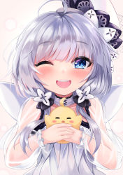 Rule 34 | 1girl, ;d, absurdres, ahoge, animal, azur lane, bird, blue eyes, blush, chick, commentary, dress, hair between eyes, highres, holding, holding animal, little illustrious (azur lane), long hair, long sleeves, low twintails, manjuu (azur lane), one eye closed, open mouth, puffy long sleeves, puffy sleeves, ryara, see-through, see-through sleeves, silver hair, smile, solo, teeth, tilted headwear, twintails, upper body, upper teeth only, white dress, white headwear