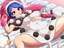 Rule 34 | 1girl, :d, belly, belly rub, blue eyes, blue hair, breasts, capelet, character doll, covered navel, doremy sweet, dream soul, dress, kishin sagume, layered dress, looking at viewer, lying, medium breasts, on back, open mouth, peso (cheese company), pom pom (clothes), seductive smile, sheep, skirt, unworn skirt, smile, smug, solo, spread legs, tail, tapir tail, touhou