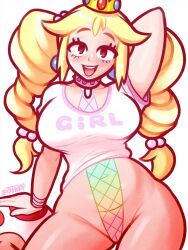 Rule 34 | 1girl, arm behind head, artist name, bimbo peach, blush, borrowed design, cameltoe, covered navel, crown, fishnets, highleg, highres, looking at viewer, mario (series), nintendo, open mouth, pink nails, princess peach, print shirt, shirt, short sleeves, simple background, smile, solo focus, toad (mario), tsuvida, white background, white shirt