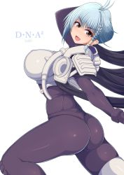 Rule 34 | 1girl, aoi karin, ass, blue hair, bodysuit, braid, breasts, brown eyes, dna^2, from behind, gloves, gun, highres, large breasts, looking at viewer, open mouth, ponponmaru, shiny clothes, short hair, sideboob, single thighhigh, smile, solo, thighhighs, weapon